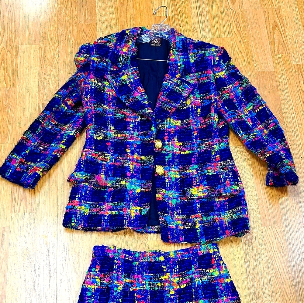 Vintage Anne Klein Boucle Tweed, plaid Skirt Suit